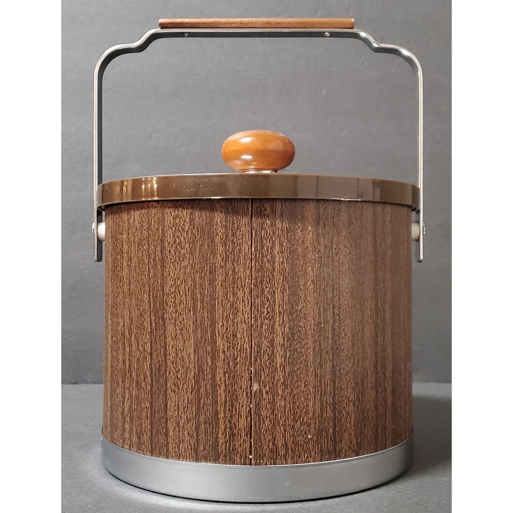 VTG ATAPCO Ice Bucket Barware MCM Retro Wood Handles & Chrome Accents Mad Men